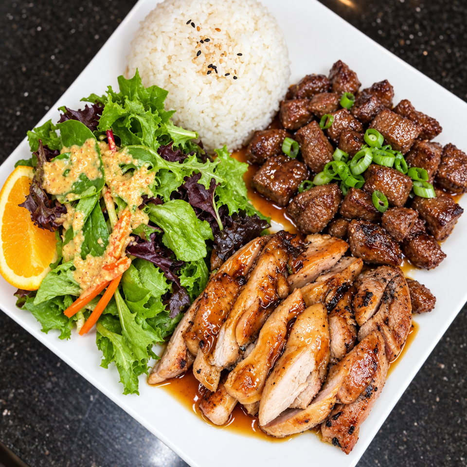 Platter featuring white rice, glazed beef bites, sliced grilled chicken, mixed greens, vegetables, and an orange wedge.