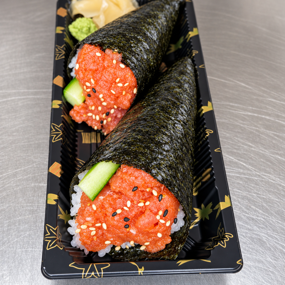 Two salmon sushi hand rolls with cucumber and sesame seeds on a decorative black platter, accompanied by wasabi and pickled ginger.