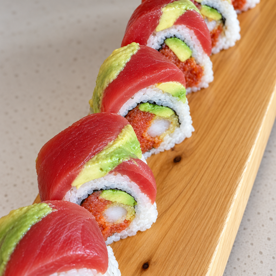 Row of sushi rolls wrapped in tuna and avocado, filled with rice, avocado, orange roe, and shrimp on a wooden board.
