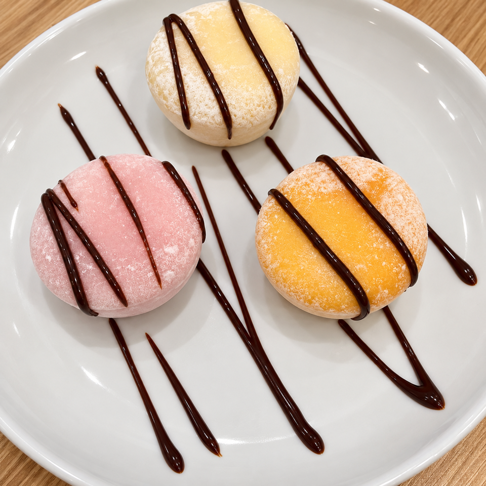Three round pink, cream, and orange pastries dusted with sugar and drizzled with chocolate sit on a white plate.
