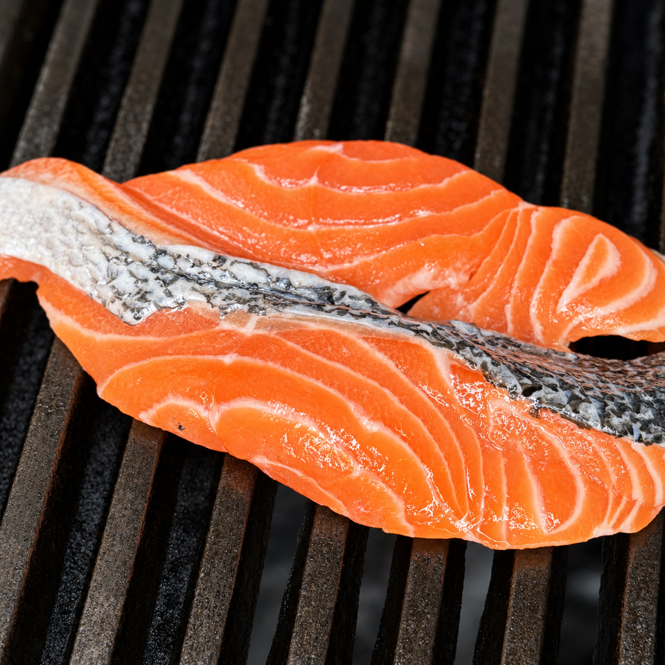 Fresh salmon fillets with skin resting on dark grill grates.