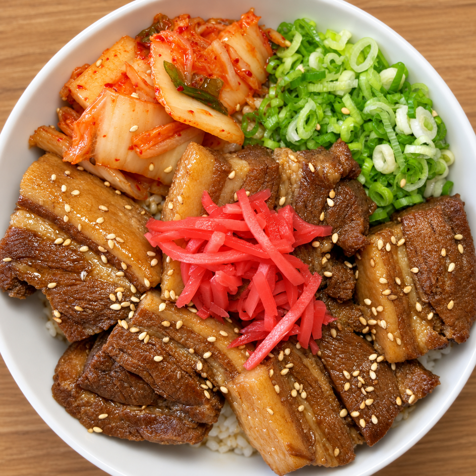 Bowl of glazed sliced beef over rice, topped with sesame seeds, kimchi, green onions, and pickled ginger.