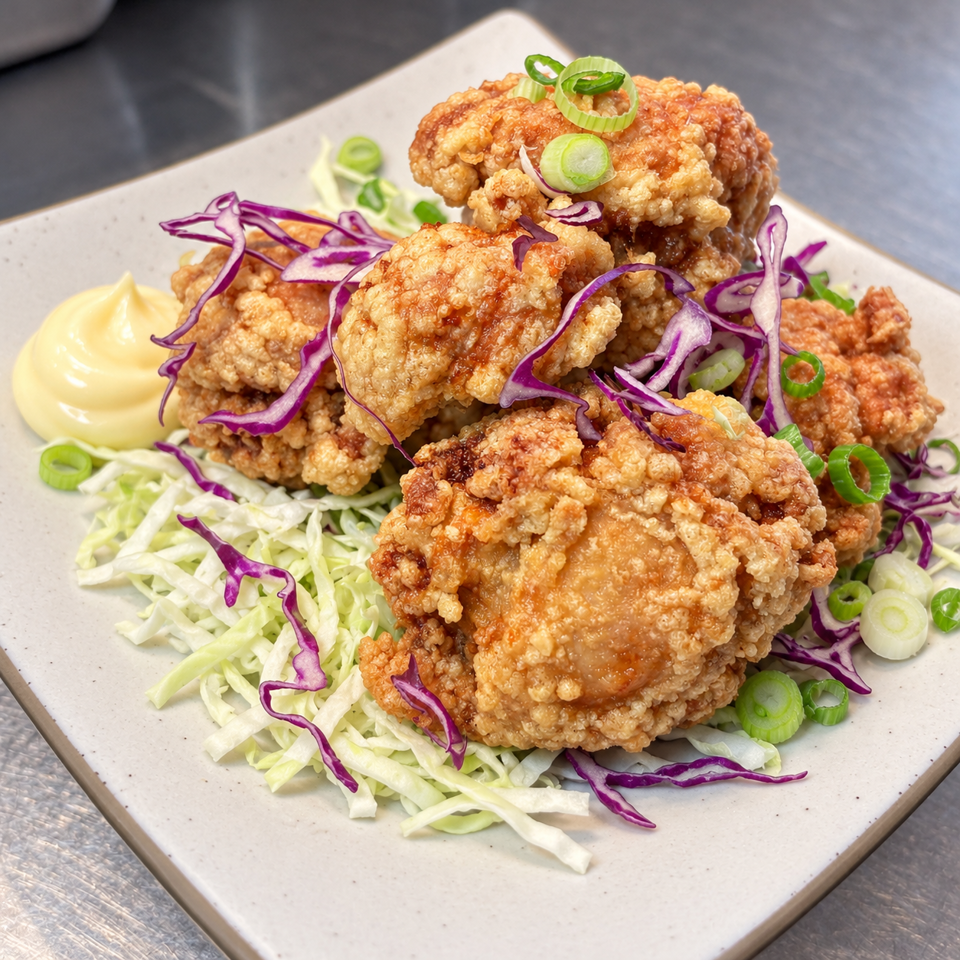 Crispy golden fried chicken piled over shredded cabbage and purple cabbage, garnished with scallions and served with creamy dipping sauce.
