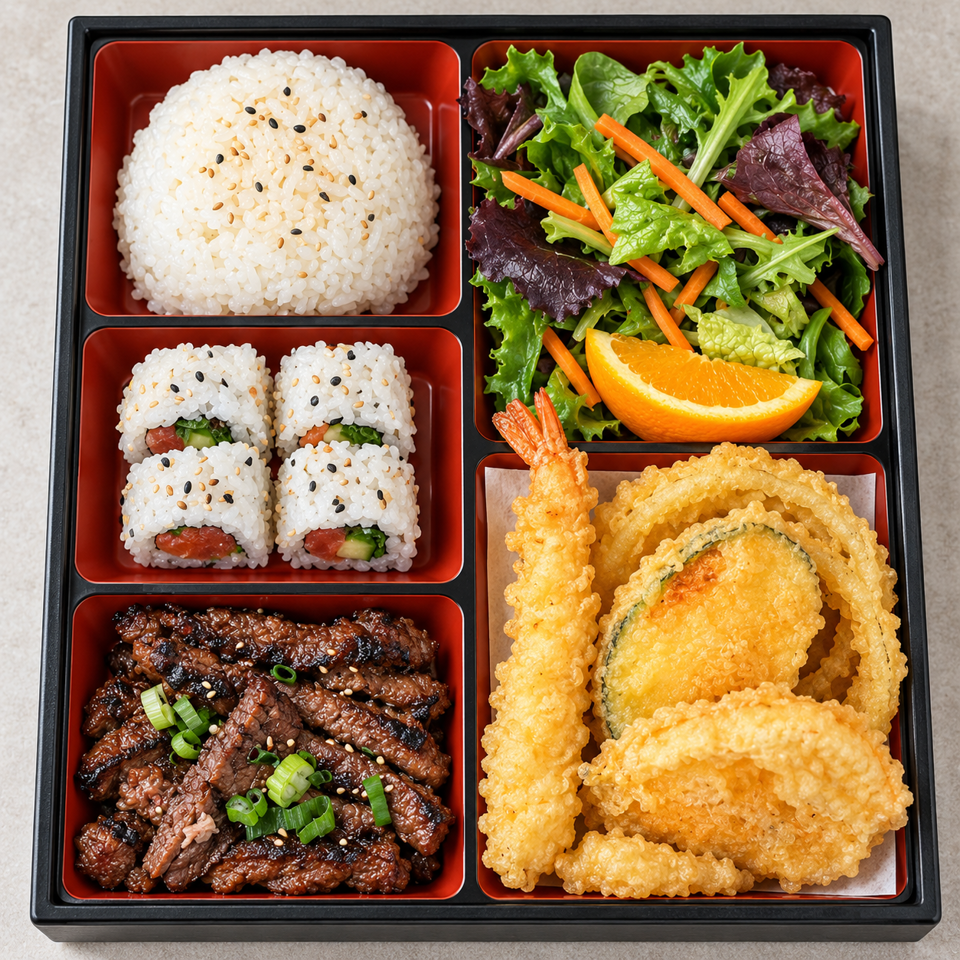 Japanese bento box with sesame rice, sushi rolls, grilled beef, mixed salad, orange wedge, and assorted tempura.