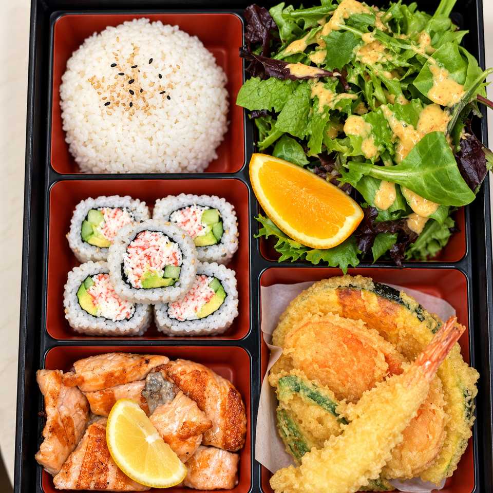 Japanese bento box with rice, sushi rolls, dressed salad, orange wedge, grilled salmon, and shrimp and vegetable tempura.