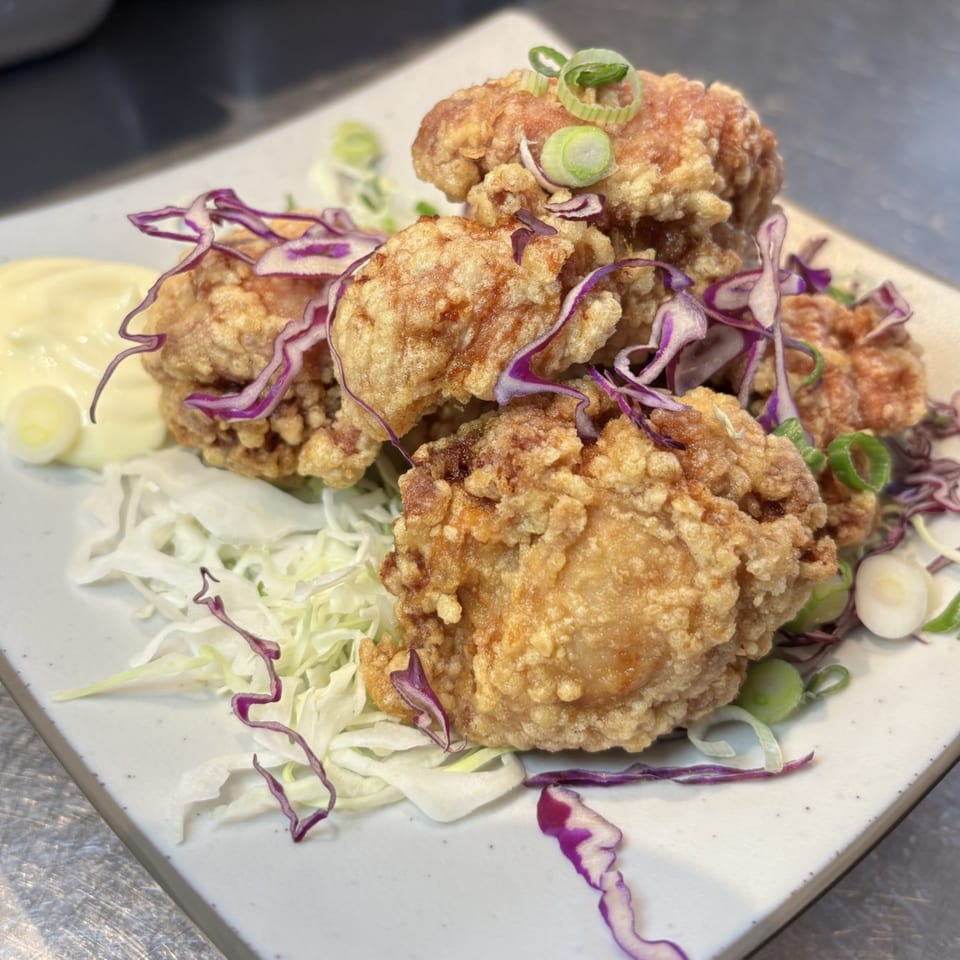 Crispy fried chicken karaage with shredded cabbage, red cabbage, green onions, and a side of mayonnaise.